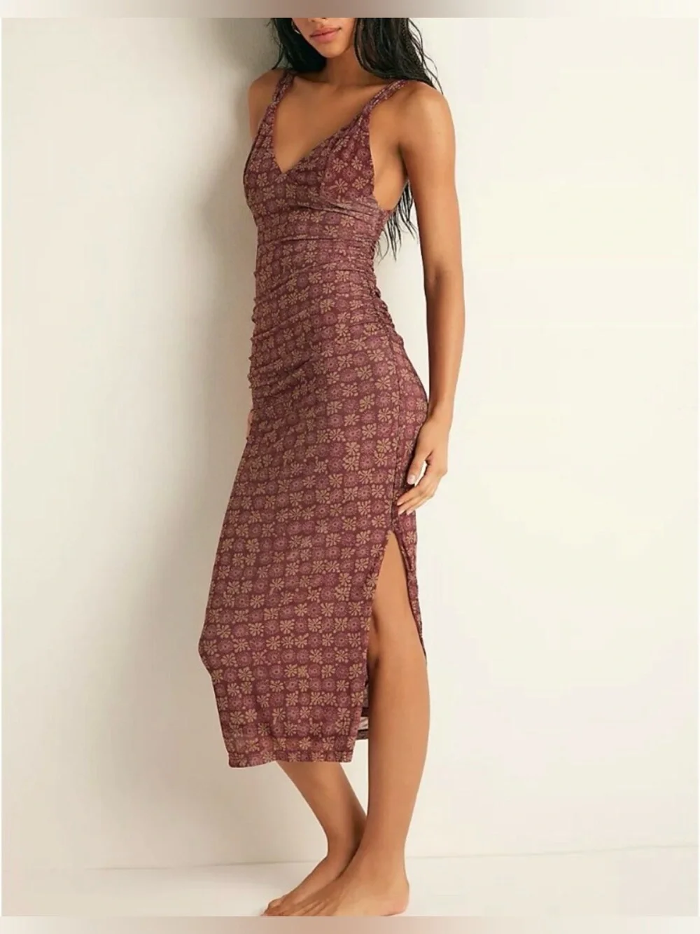 FREE PEOPLE Long Live Printed Mesh Slip / Brown Combo Small NWT